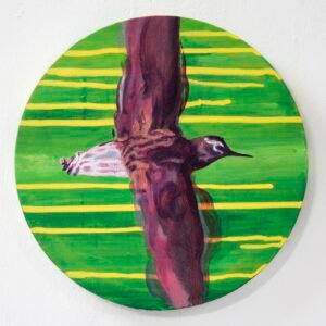 Nua Collective - Artist - Katrina Tracuma - Green sandpiper, acrylic, ink and oil on canvas, 30cm in diameter, 2019