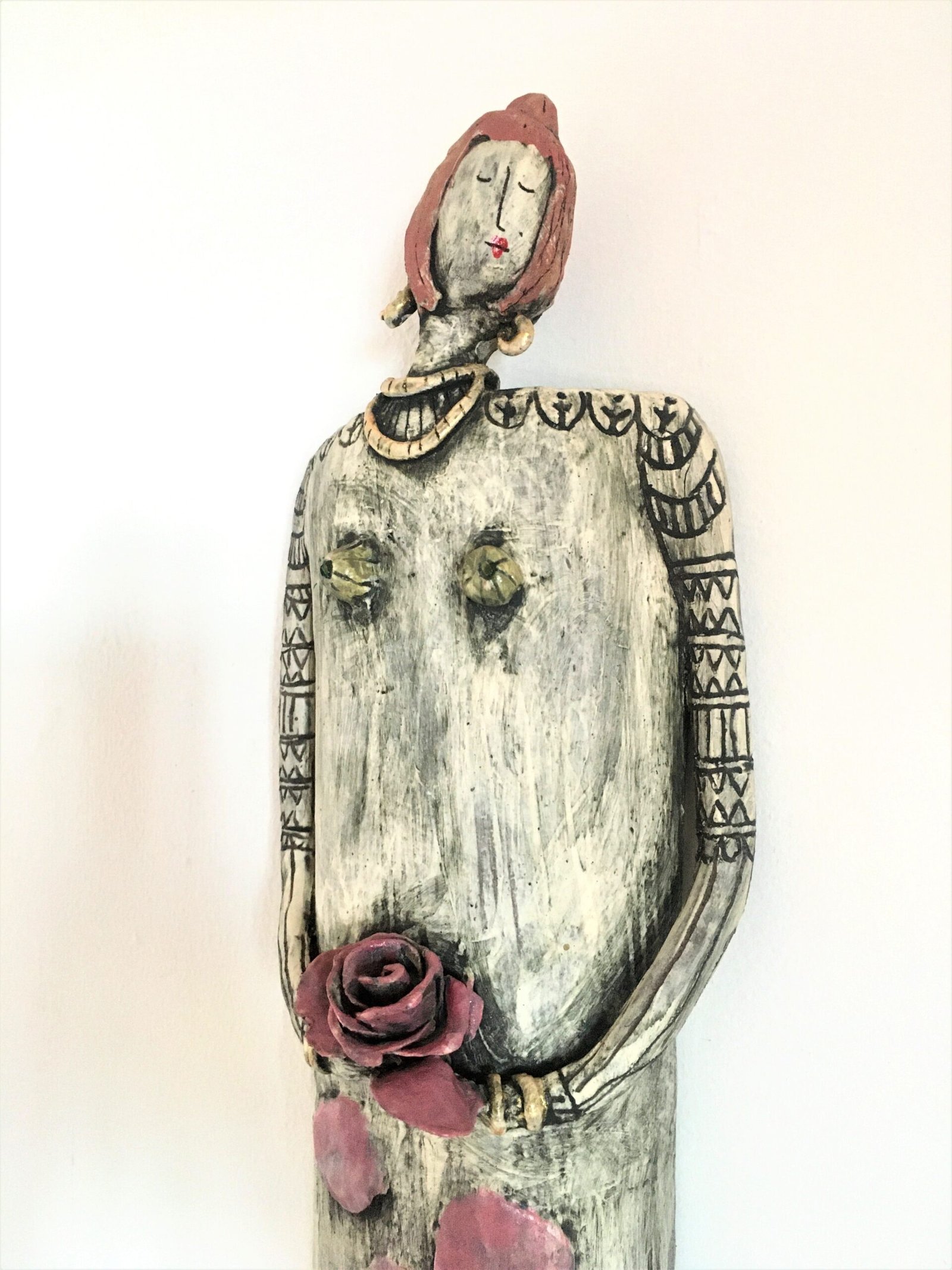 Kira O Brien A Rose By Any Other Name Large Sculptural Doll with Handprinted Lino print Skirt H60cm x W14cm-Nua-collective