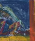 Abstract mixed media painting featuring bold brushstrokes of blue, green, yellow, and red. The left side shows sweeping, layered textures resembling waves or foliage, while the right is structured with vertical and horizontal bands of orange, yellow, and green. The overall composition contrasts organic movement with geometric framing.