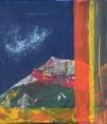 Abstract mixed media painting with a deep blue night-sky backdrop featuring a soft white cloud-like texture. A jagged, mountain-like form in green, red, and white rises from a vivid yellow and orange foreground. To the right, vertical bands of orange, yellow, and green add structure and contrast to the organic landscape-like elements.