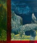 Abstract collage and mixed media painting with a deep blue background resembling a night sky, overlaid by textured cloud-like forms. Jagged, layered shapes in white, yellow, and blue form a rocky landscape, with a tall, vertical spire to the right and a horizontal slab-like shape cutting across the centre. The composition is bordered on the left by vertical bands of green, red, and yellow, while a red base with small yellow markings anchors the scene.
