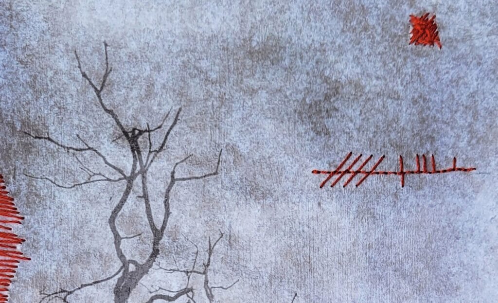 Maria Markham’s Ráth – A Time Past explores Irish ringforts as landscape memory. Grounded in research, the work maps history, archaeology, and place through photo transfer, stitching, ogham notation, and layered markings. Thread becomes a linkage across time—an act of mending and a postcolonial reflection on land.