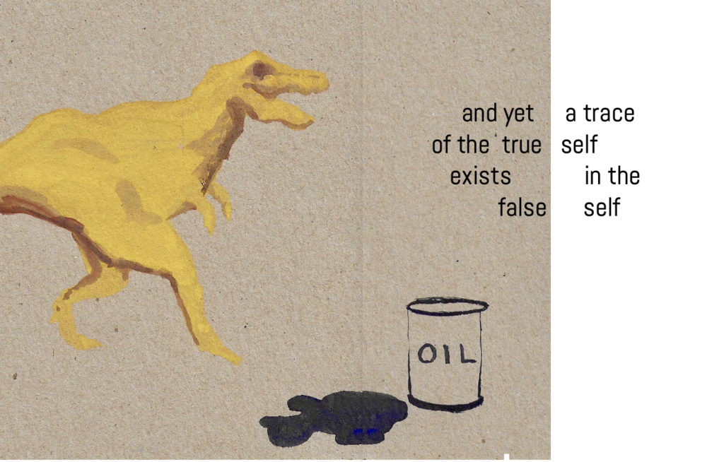 Katrīna Tračuma’s “and yet a trace of the true self exists in the false self” unpacks the “Circle of Life” meme as a cyclical evolution story—comic, bleak, and strangely tender. The series visualises a modern domestic dinosaur, linking present life to ancestral death, from dino nuggets to wrapped flesh.