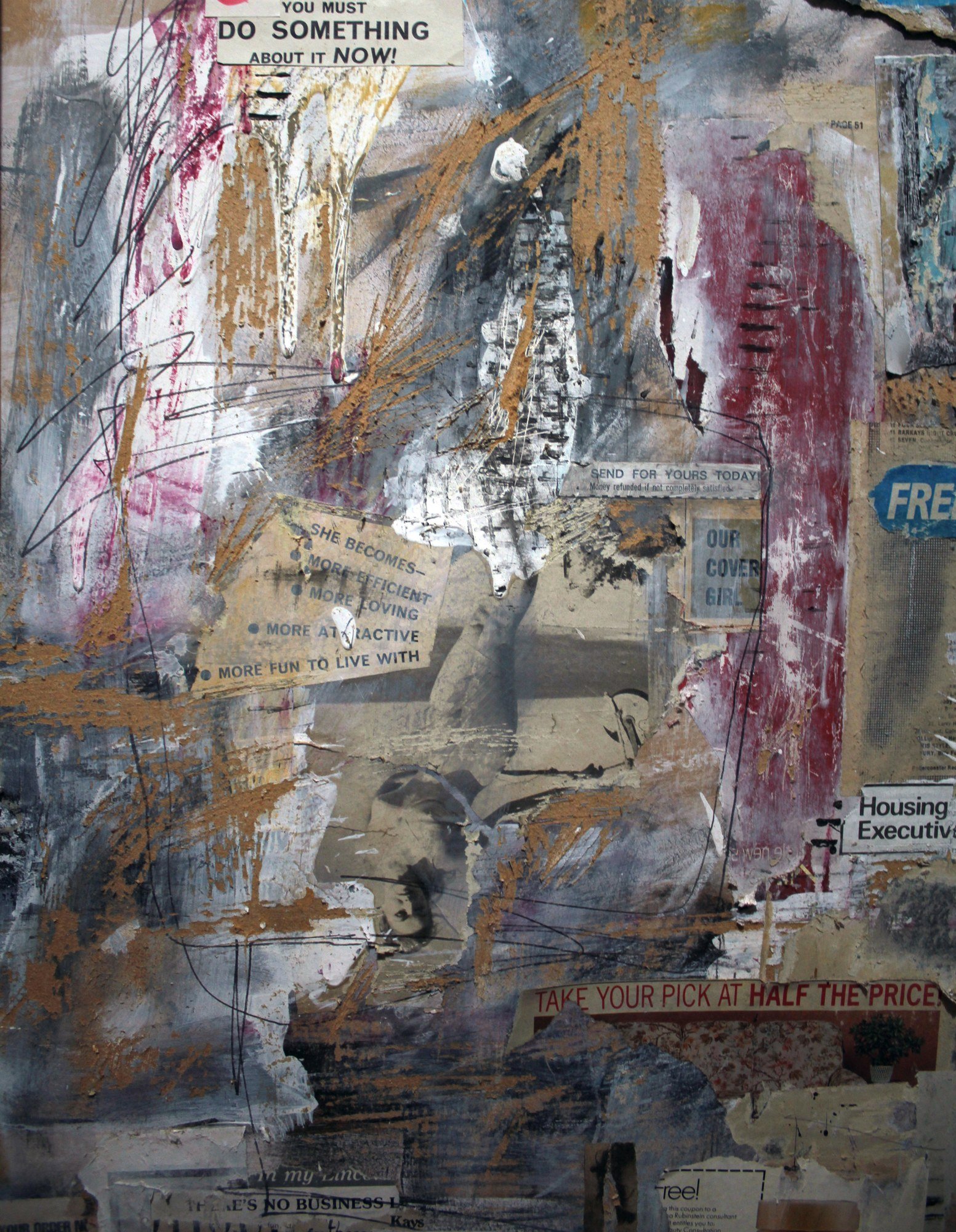 A weathered collage of torn advertising fragments, painted marks and textured vertical layers.