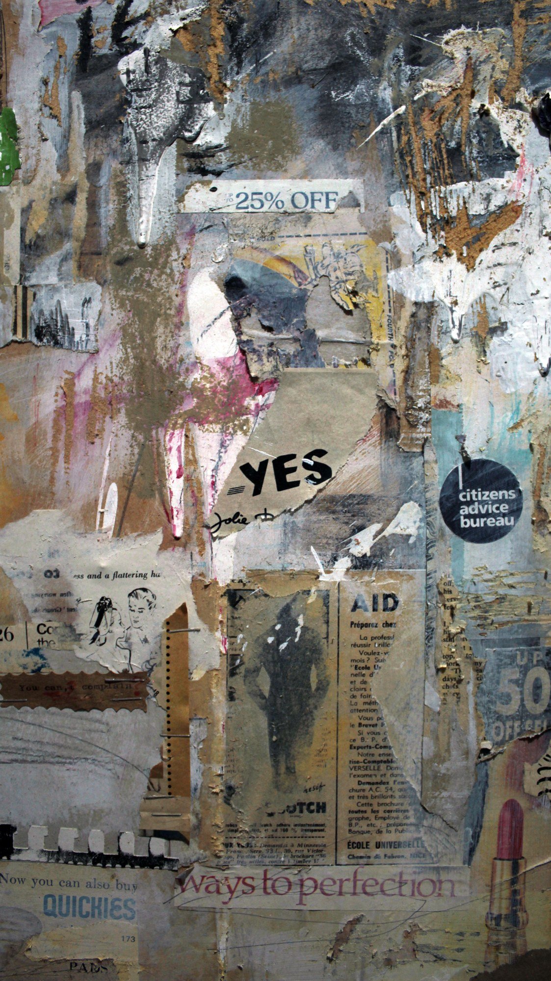 A tall mixed-media collage with torn paper, layered advertising, painted marks and the word LIVES.