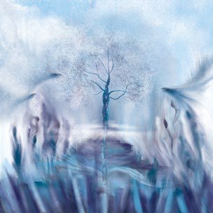Blue Beauty, a digital painting with pale blue organic forms surrounding a tree in an atmospheric landscape.