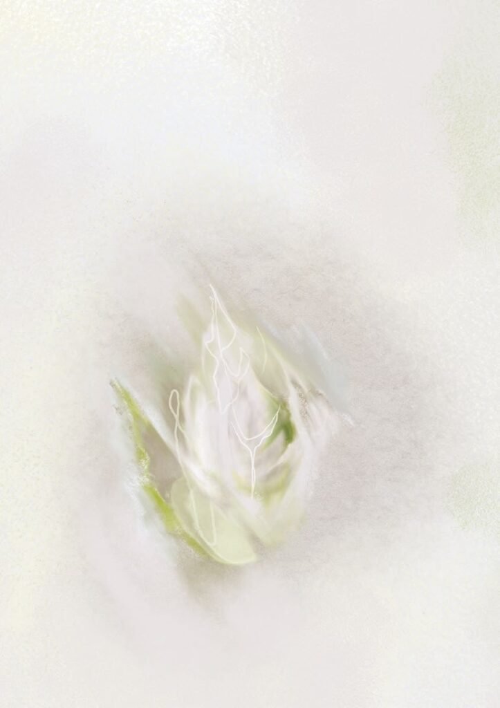 Earth Study I, a pale abstract digital painting with soft green and earth-toned marks inspired by white flowers.