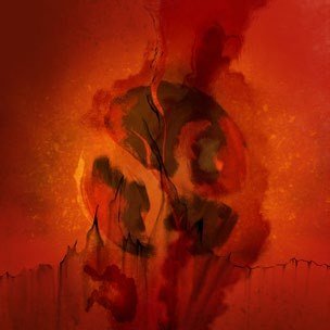 Red Truth, a digital painting in red, orange and yellow with a dark central form.