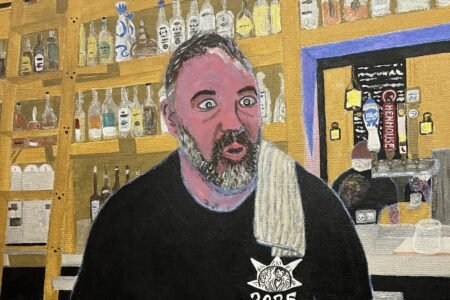 Oil portrait of Eddie behind the bar, with bottles arranged on the shelves behind him.