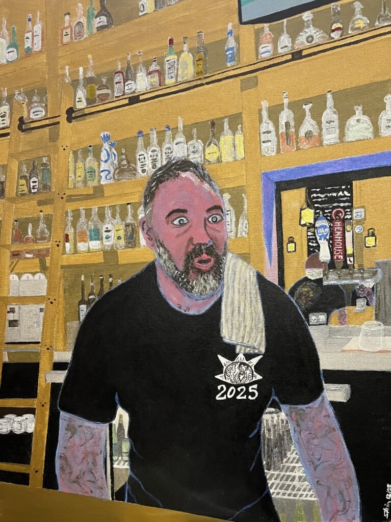 Oil portrait of Eddie behind the bar, with bottles arranged on the shelves behind him.