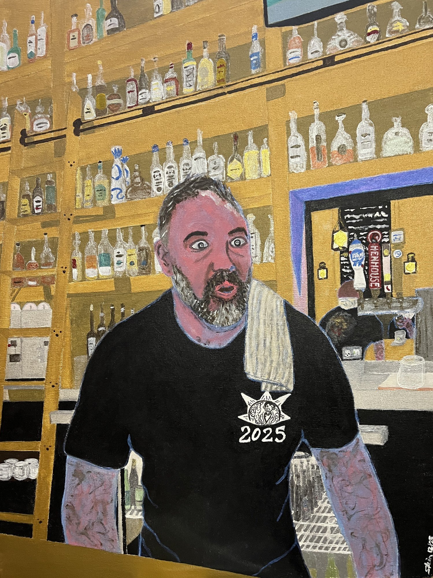 Oil portrait of Eddie behind the bar, with bottles arranged on the shelves behind him.
