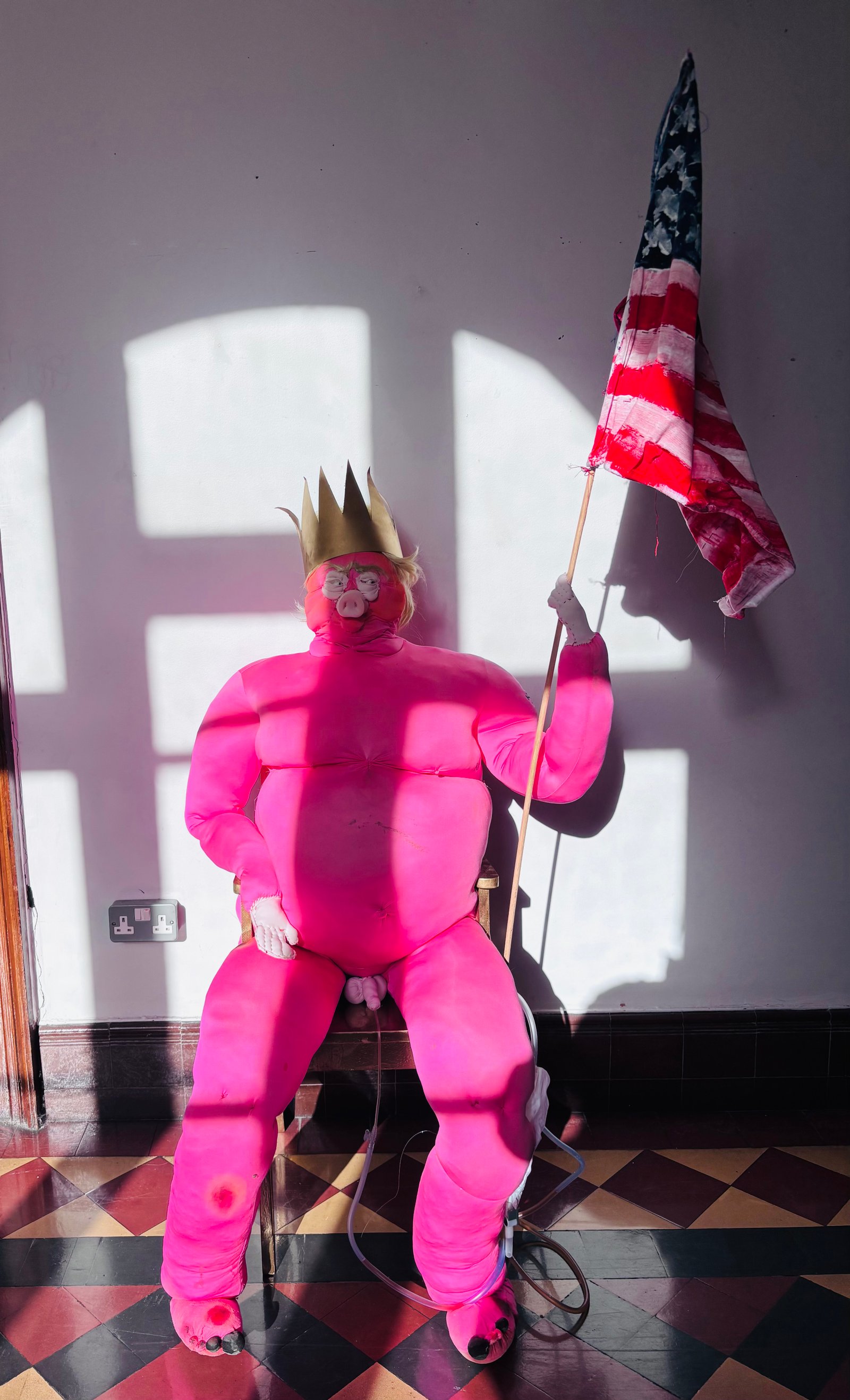 A seated performer in a vivid pink costume and crown holds a distressed American flag in a sunlit interior.