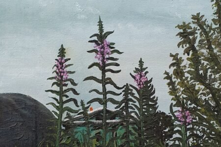 Pink fireweed flowers rise above dense green foliage beneath a pale blue sky.
