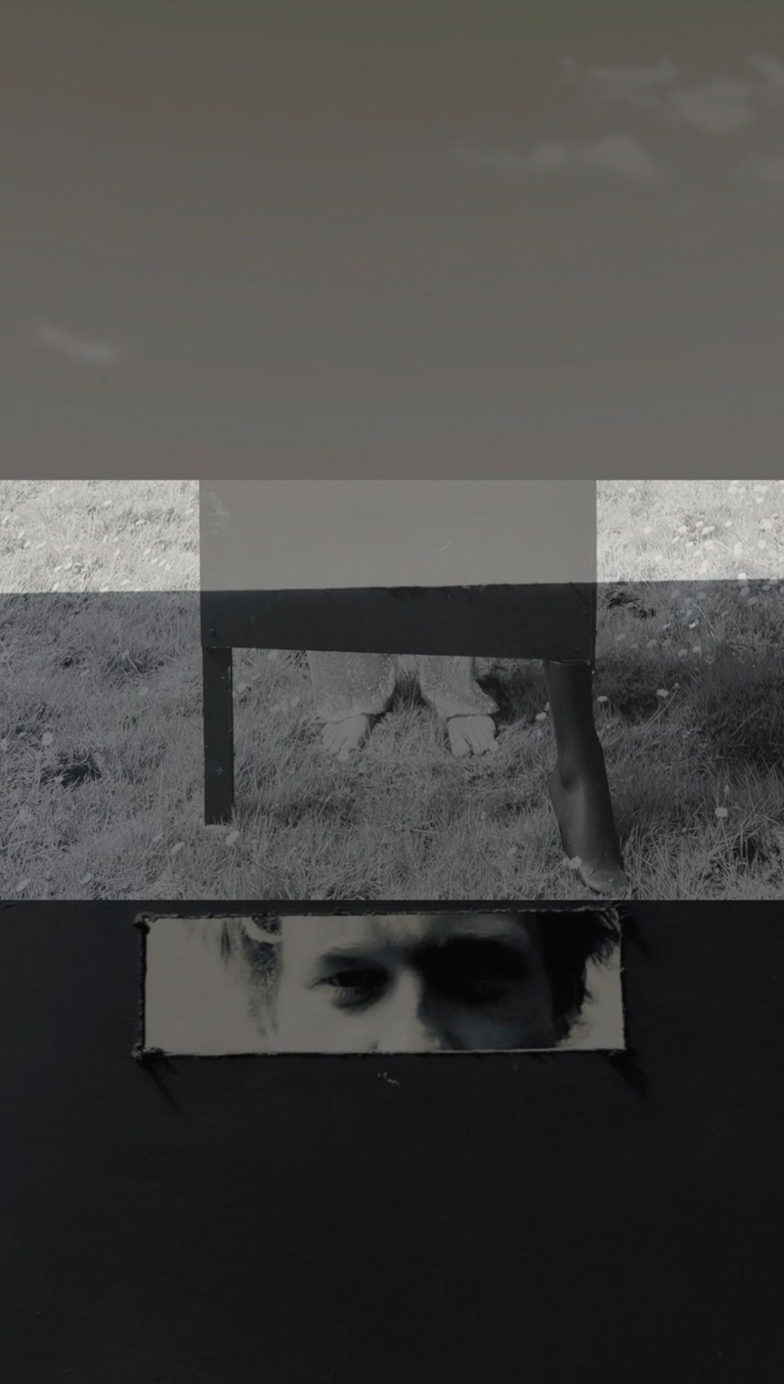 Layered monochrome film imagery with a horse, rectangular interruptions and a close-up of eyes.